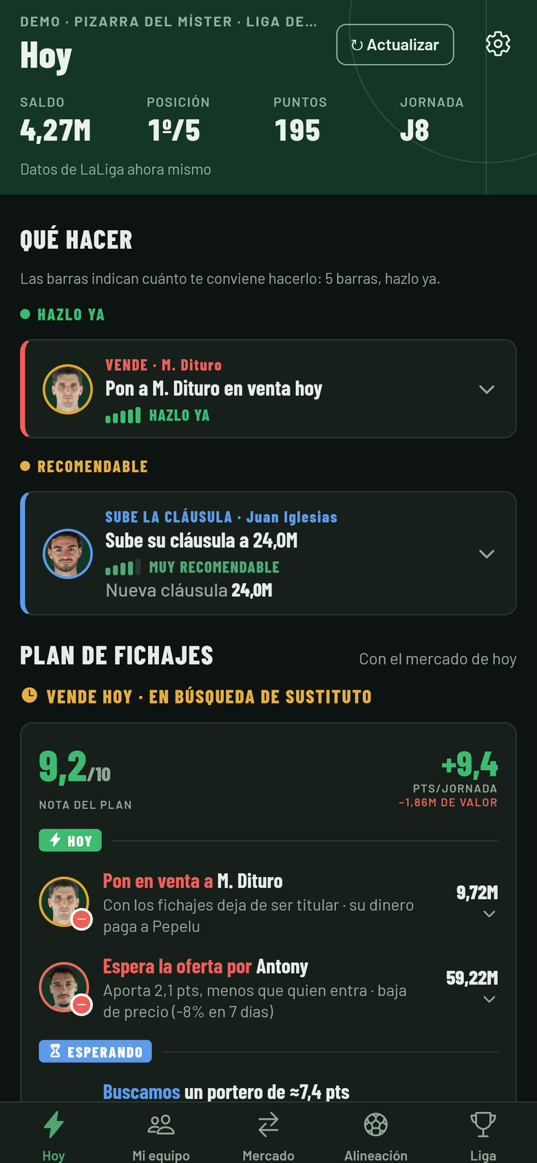 La pantalla Hoy de la app